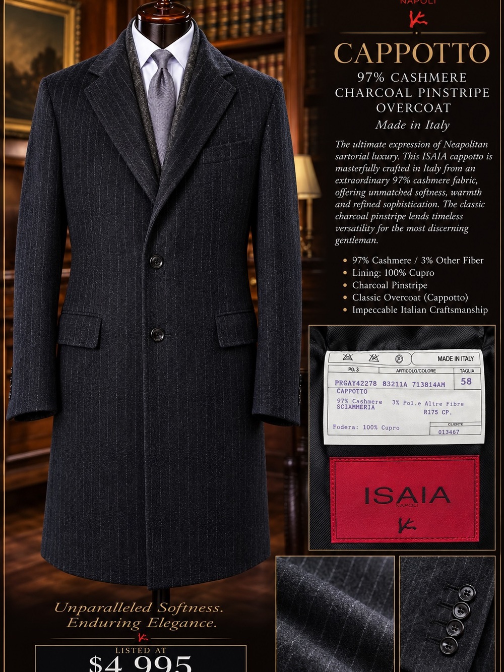 Isaia Charcoal Pinstripe Cashmere Overcoat